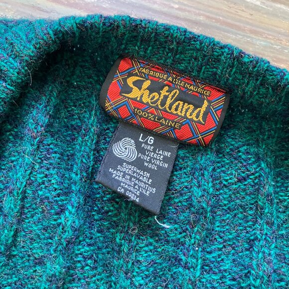 Shetland Wool Cable Knit Pullover Sweater Vneck Vintage Green Marled Superwash - Picture 4 of 6